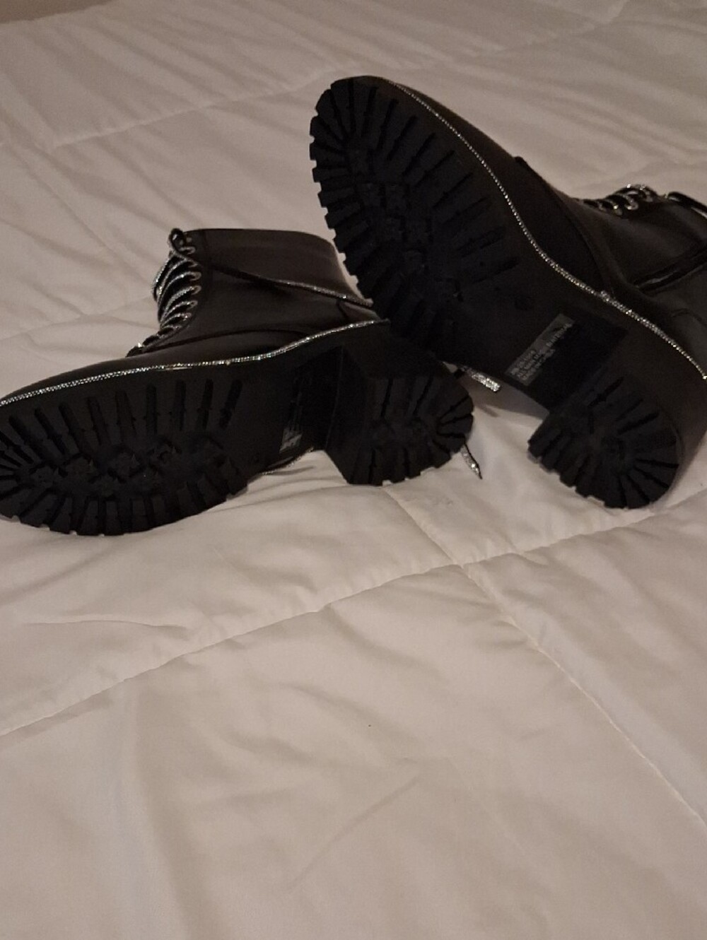 Black Lace-Up Rhinestone Combat Boots - Picture 6 of 6